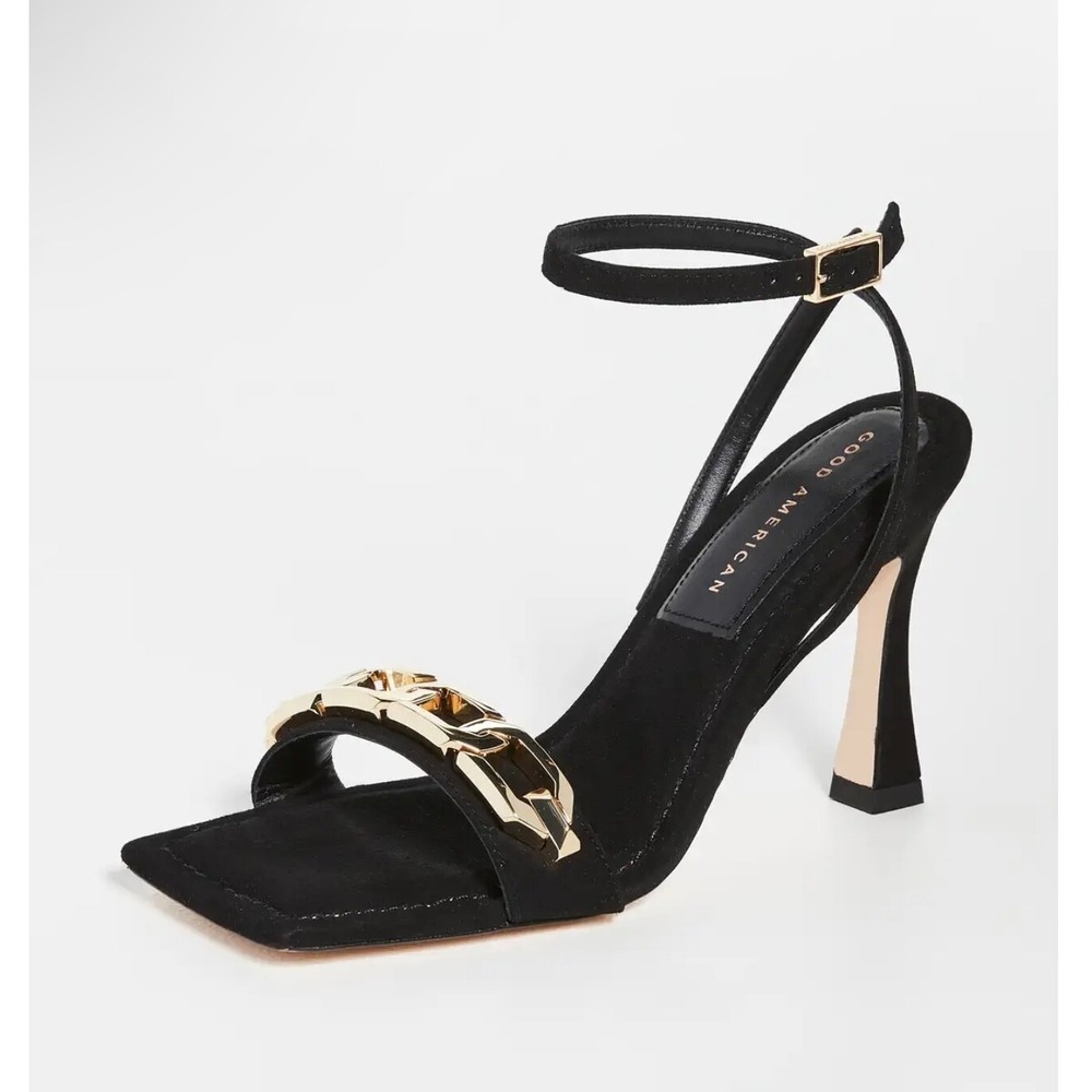 GOOD AMERICAN Sz 10.5 Single Strap Black Suede Gold Chain Heel Sandal RV$195 NIB
